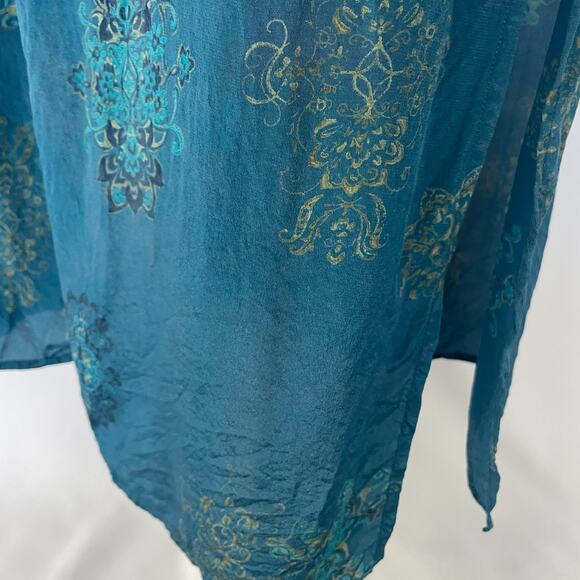Boho Maxi Dress Plus Size 1X Blue Brocade Print Pure Silk Sleeveless Hippie Vtg - Picture 10 of 16